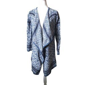Kaisely Women's Small Blue Geometric Knit Waterfall Cardigan Boho Aztec Comfy